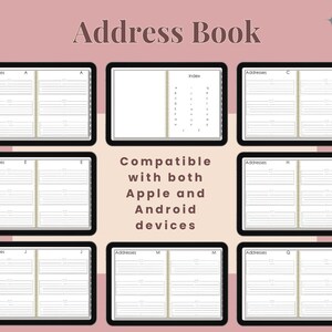 May include: Digital address book with a pink background. The title "Address Book" is at the top. The image shows several open digital notebooks with lined pages and an index. Text in the image says "Compatible with both Apple and Android devices."