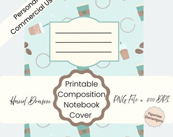 Hand Drawn Coffee Lovers Mint Background Printable Composition Notebook Cover PNG Digital Download