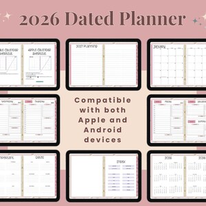 Op de afbeelding: Digitale 2026 gedateerde planner weergegeven op tablets. De planner bevat secties voor Google Agenda-snelkoppelingen, Apple Agenda-snelkoppelingen, planning voor 2027, januari, dagelijkse en wekelijkse lay-outs, belangrijke data, een index en 2026 kalenders. Compatibel met Apple- en Android-apparaten.