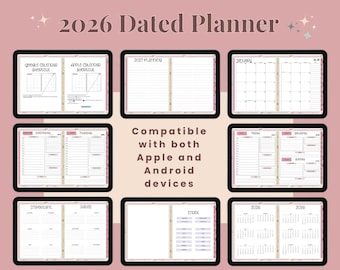 2026 Hyperlinked Digital Planner for iPad & Android Devices Coffee-Themed Pink Background