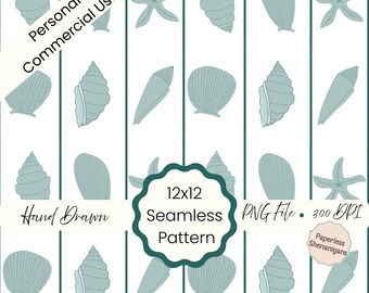 Hand Drawn Striped Vintage Seashells Seamless Pattern PNG Digital Paper