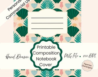 Hand Drawn Art Deco Fans Background Printable Composition Notebook Cover PNG Digital Download