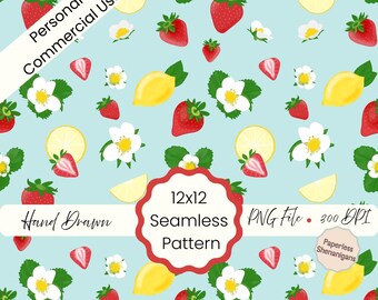 Hand Drawn Strawberries and Lemons Seamless Pattern PNG Digital Paper