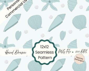 Hand Drawn Vintage Seashells and Pearls Seamless Pattern PNG Digital Paper