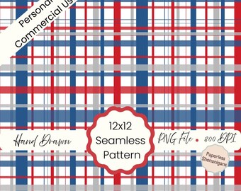 Hand Drawn 4th of July Plaid Seamless Pattern PNG Digital Paper