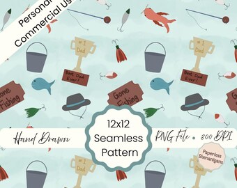 Hand Drawn Father’s Day Fishing Seamless Pattern PNG Digital Paper