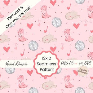 Cowgirl Hats and Disco Balls Valentine Seamless Pattern PNG Digital Paper Instant Download