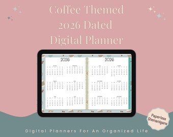 2026 Hyperlinked Digital Planner for iPad & Android Devices Coffee-Themed Blue Background