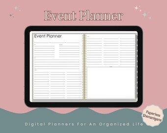 Puede incluir: Un planificador de eventos digital que se muestra en una tableta. El planificador está abierto, mostrando páginas rayadas y una sección para notas. El texto "Event Planner" está en la parte superior, con "Digital Planners For An Organized Life" en la parte inferior. El fondo es rosa y turquesa.