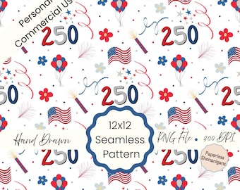 Hand Drawn 250th Independence Day Seamless Pattern PNG Digital Paper