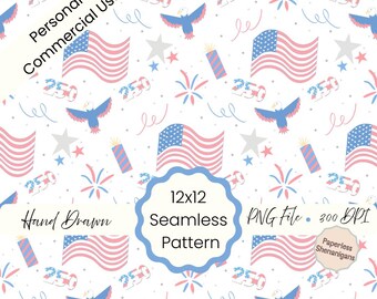 Hand Drawn 250th Independence Day Muted Colors Seamless Pattern PNG Digital Paper