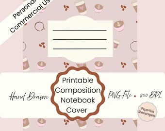 Hand Drawn Coffee Lovers Pink Background Printable Composition Notebook Cover PNG Digital Download