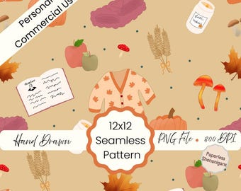 Hand Drawn Warm Fall Vibes Seamless Pattern PNG Digital Paper