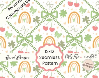 Hand Drawn Coquette St Patrick’s Day Seamless Pattern PNG Digital Paper