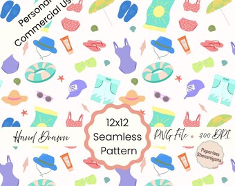Hand Drawn Beach Day Seamless Pattern PNG Digital Paper