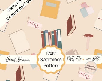 Hand Drawn Vintage Hygge Books Seamless Pattern PNG Digital Paper