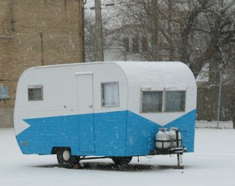 Mid Century photography, vintage camper, Americana, camper photo, 50s, 60s, travel, art, retro decor, blue, white, snow - SNOWY CAMPER