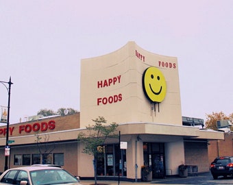 Chicago Photography, Happy Foods grocery, Edgebrook, yellow smiley face sign, 70s, vintage store, food shopping, vintage signs, wall art