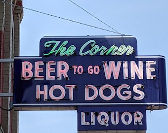 Rockford Corner Bar, midcentury neon sign, vintage bar, Rockford, Michigan, beer, wine, hot dogs, vintage home, liquor, Grand Rapids art