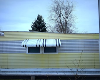 yellow mobile home photo, vintage trailer, fine art photography, trailer park, kitsch, americana, metal awnings, midcentury, vintage home