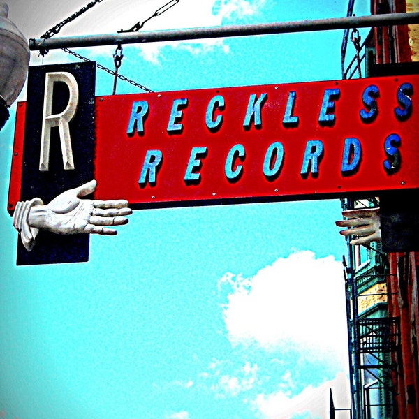 Chicago Photo, Wicker Park, Chicago Photography, RECKLESS RECORDS, record store, record store sign, Chicago art, vinyl, aqua, red, music