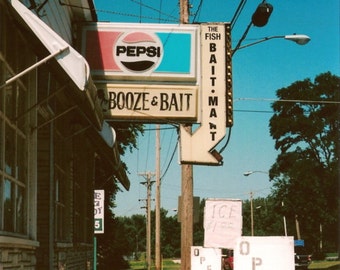 vintage Pepsi sign photo, BOOZE & BAIT, fishing, Illinois Art, red white blue, Americana, arrow sign, mid century, Rock Island, 35mm film