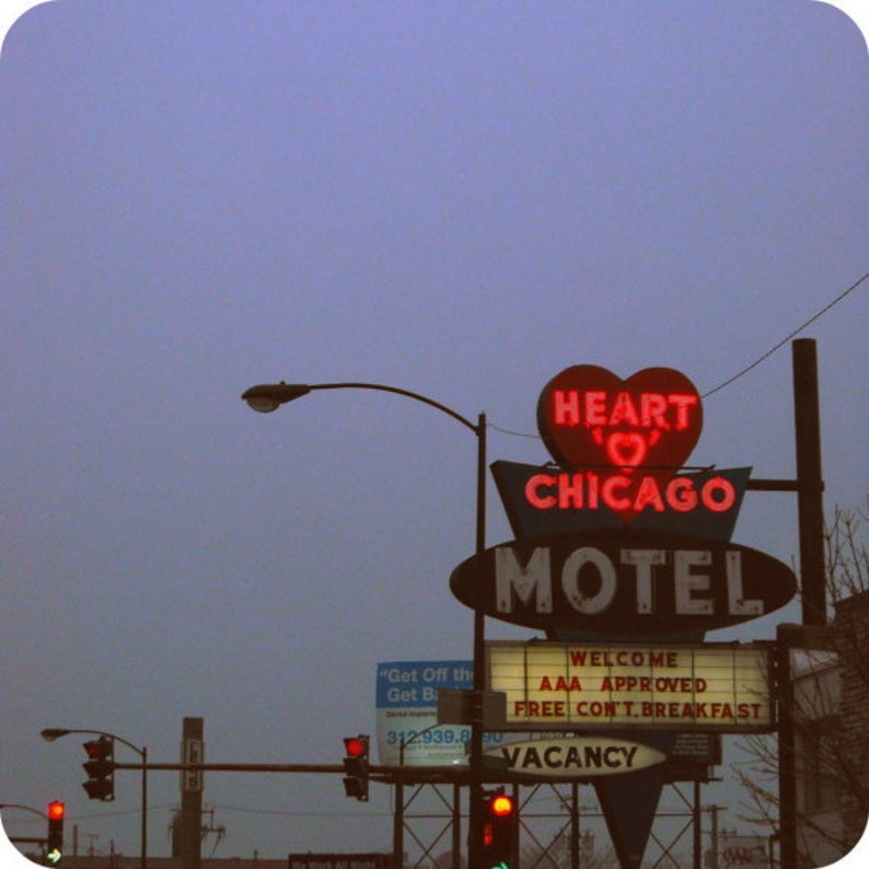 valentine's day, Chicago Photography, Heart 'O' Chicago Motel, mid-century vintage neon sign photo, Chicago Art, lavender, red, americana image 1
