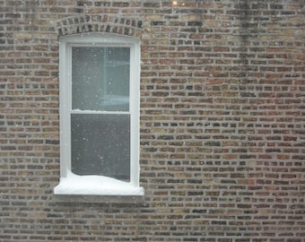 Chicago Photo, Chicago Photography print, winter, snowy white apartment window, snow, city, brown, white, bricks, vintage home art, holiday