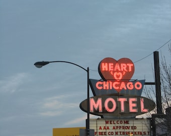 Chicago Photo, Heart &#39;O&#39; Chicago Motel, Chicago Photography, Chicago Art print, motel photography, vintage neon sign, travel, red, blue