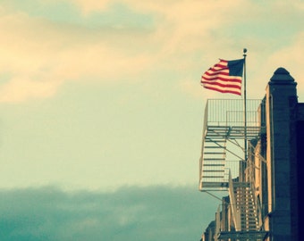 Chicago Photography, North Center, Lincoln Square, Chicago Art, white fire escape, American flag, Chicago Architecture, Ravenswood, wall art