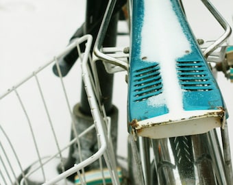 bicycle photo, bicycle photography,  vintage bicycle photo,  mid century bike fender, snow, winter, blue-green, turquoise, bike art, steel