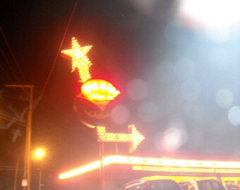 Kenosha, Wisconsin, mid-century neon sign photography, drive-in, night, arrow, vintage roadside, Americana, yellow, red- "Big Star Drive-In"