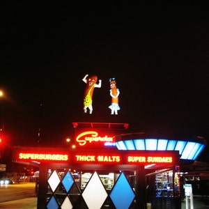 Chicago Photo, Superdawg Drive-In, Chicago Photography, hot dogs, Chicago art print, sign, mid century neon, night photography, Americana