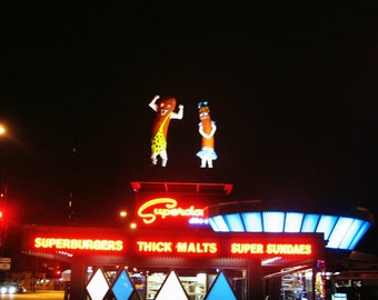 Chicago Photo, Superdawg Drive-In, Chicago Photography, hot dogs, Chicago art print, sign, mid century neon, night photography, Americana