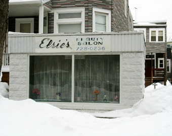 Chicago Photography, Lincoln Square, beauty salon, hair, vintage salon, beauty shop, shabby chic, vintage sign, white, lace curtain, snow