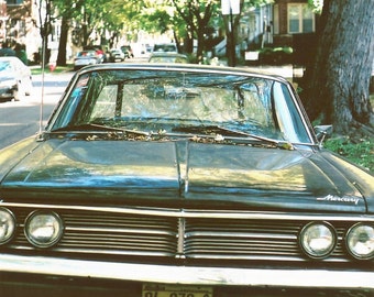 vintage Mercury photo, black classic car, 35mm film, autumn, fall, yellow and black, car grill, film photography, car art, men, vintage, art