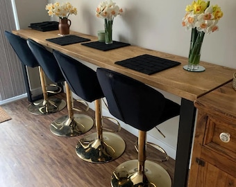 Industrial Wooden Breakfast Bar Table With Steel Legs Multiple Heights & Lengths Available