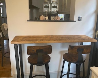 Industrial Style Breakfast Bar Solid Wooden Top Steel U Based Legs