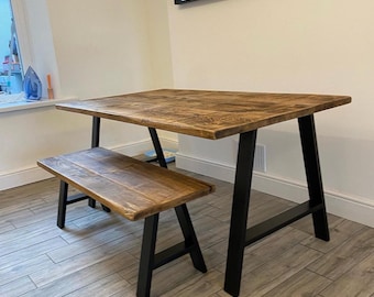 Solid Handmade Wooden Dining Table And Bench With Rustic Steel Based Legs