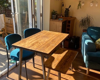 Reclaimed wooden dining table and free bench set extra thick steel legs