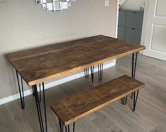 Rustic Hairpin Leg Dining Table With Free Bench Included 40mm Solid Wooden Top