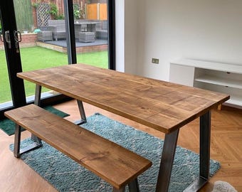 Reclaimed Wood Dining Room Table And Bench With Tri Based Steel Legs Rustic | Industrial furniture