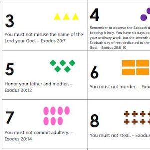 May include: A grid of six rectangular panels, each featuring a large black number from 3 to 8, corresponding coloured geometric shapes, and biblical text from Exodus. The panels display verses regarding the Ten Commandments with specific icons.