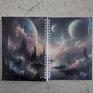 May include: Spiral-bound notebook featuring a fantasy landscape with planets, clouds, and a cityscape. The artwork showcases a celestial scene with pastel colors, including blues, purples, and oranges. The notebook is open, displaying the full artwork across both pages.
