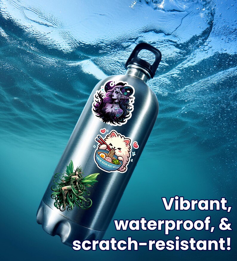 May include: A stainless steel water bottle with three colorful stickers. The stickers feature a fairy, a cat eating ramen, and a woman with horns. The text on the image reads: "Vibrant, waterproof, & scratch-resistant!"