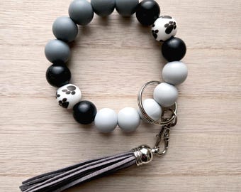 Paw Print Wristlet Keychain, Dog Mom Cat Mom Beaded Key Holder Bracelet with Tassel, Pet Lover Gift, Hands Free Keychain