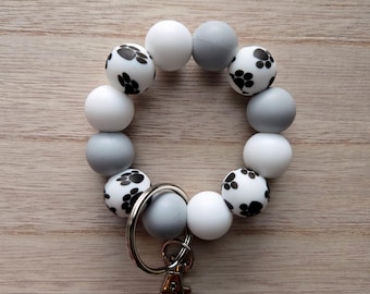 Paw Print Keychain, Pet Lover Charm, Gray White Key Bag Accessory