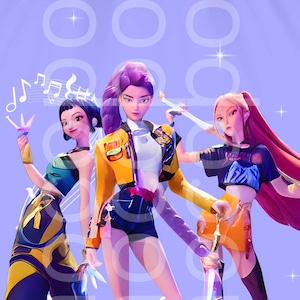 Pode incluir: Ilustração digital de três figuras femininas estilizadas em trajes vibrantes, em um fundo lavanda com notas musicais e a palavra "Chocopop". As figuras seguram instrumentos musicais e posam, sugerindo um tema musical ou de performance.
