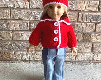 Red Winter Sweater and Hat Set for 18 Inch Dolls - American Girl Doll Clothes Outfit