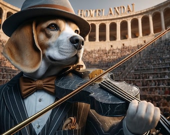 Jazz Musician Dog in Pinstripes – Vintage Music Printable Wall Art | HomelandAI Symphony Series